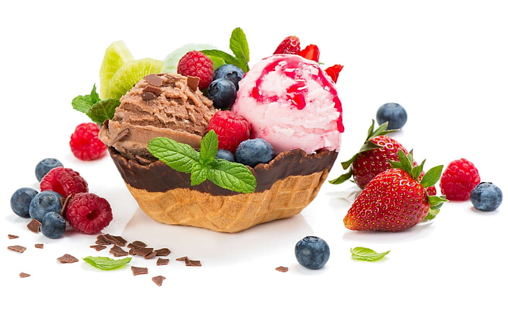 Ice Cream with Fruit, temptation, indulgence, mint leaf  culinary, studio shot Free HD Wallpaper