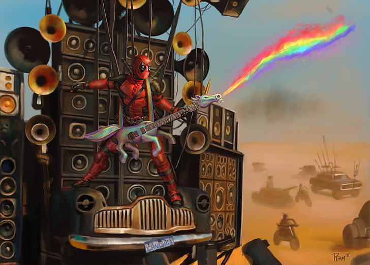 Marvel Heroes Deadpool, speakers, cloud  sky, guitar, deadpool Free HD Wallpaper