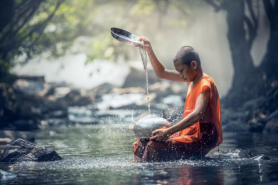 Monk Meditating by Water, emotion, culture, ancient, an unforgettable Free HD Wallpaper