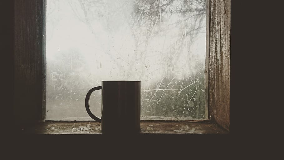 Morning Coffee and Snow, glass  material, closeup, indoors, food and drink