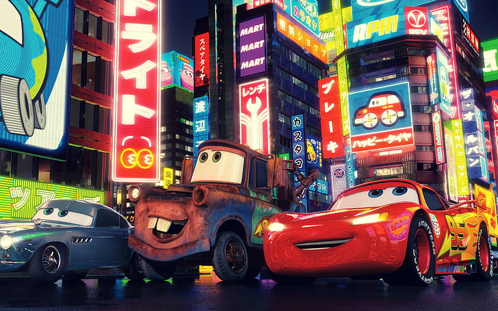 Pixar Cars 2, travel, commercial sign, mode of transportation, neon light