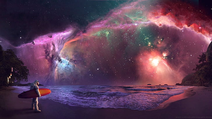 Skeleton Astronaut, art, nature, nebulae, beaches Free HD Wallpaper