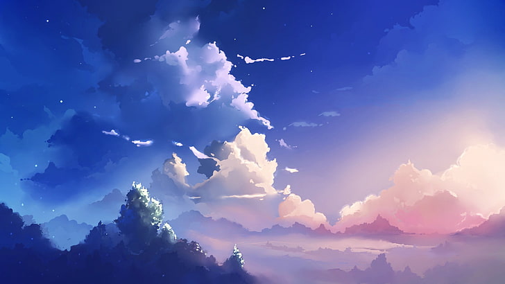 Anime Aesthetic, peaceful, morning, cloudscape, tree Free HD Wallpaper