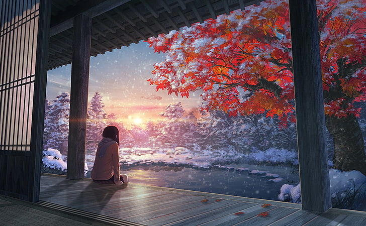 Anime Snow Scene, fall, window, females, change