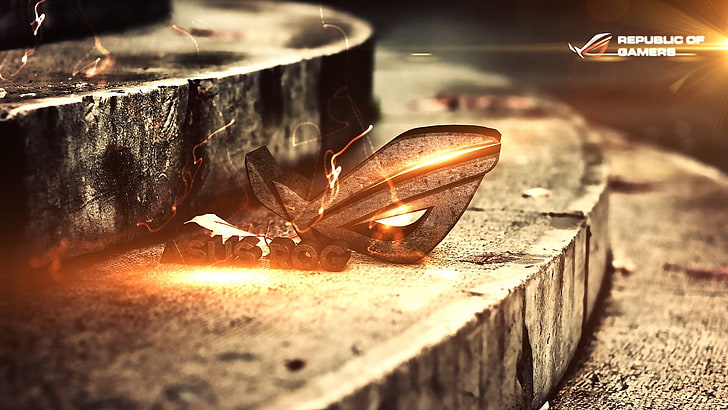 Asus Republic of Gamers Theme, burning, wood  material, selective focus, wheel Free HD Wallpaper