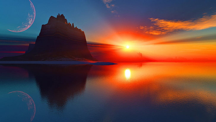 Beautiful Sunset, ocean, orange color, lake, scene Free HD Wallpaper