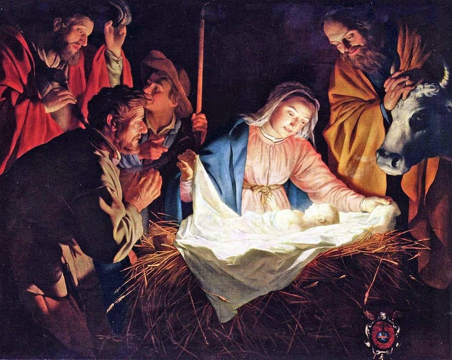 Biblical Nativity Scene, mother and child, females, baby, young men Free HD Wallpaper