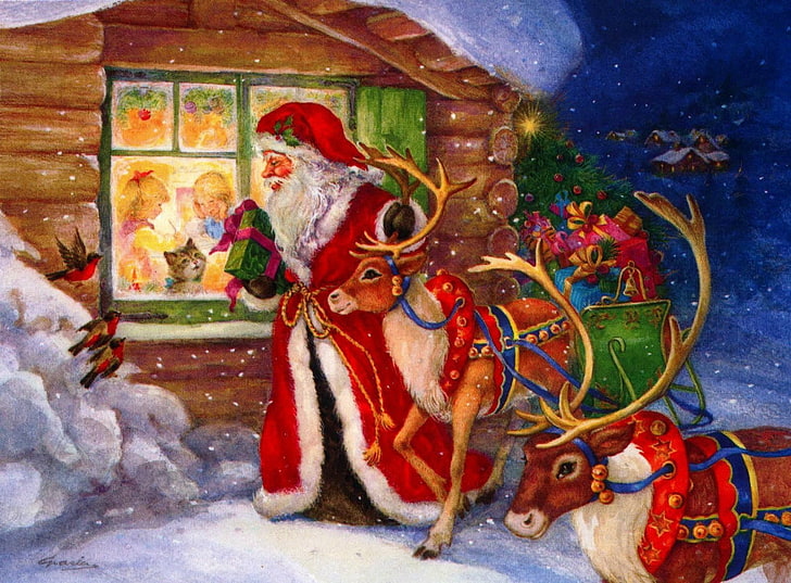 Cartoon Christmas Santa Reindeer, visual art, snow, santa, birds Free HD Wallpaper