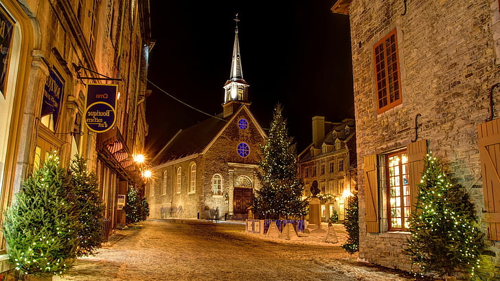 Christmas Tree Outside Night Snow, quebec, window, christmas lights, christianity Free HD Wallpaper