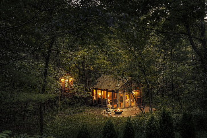 Dark Wood Cabin, illuminated, growth, building, built structure Free HD Wallpaper