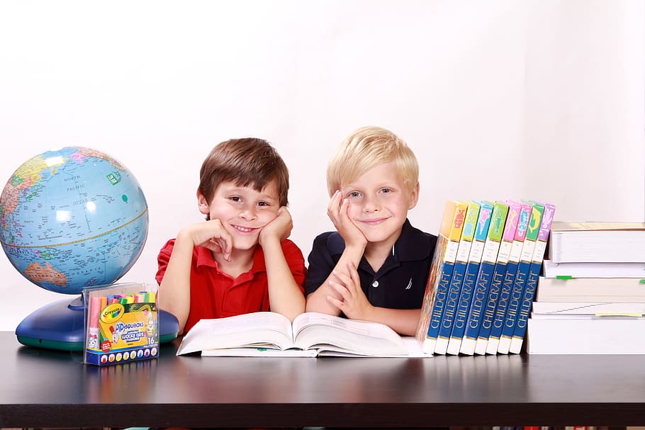 desk, young, children, book