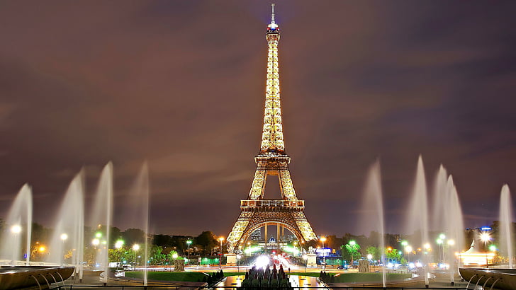 Eiffel Tower Free, trocadero fountains, evening, fountain, france Free HD Wallpaper