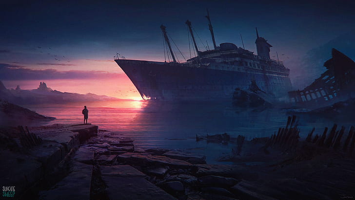 Field Landscape Painting, mrsuicidesheep, ship, traveller, sunrise