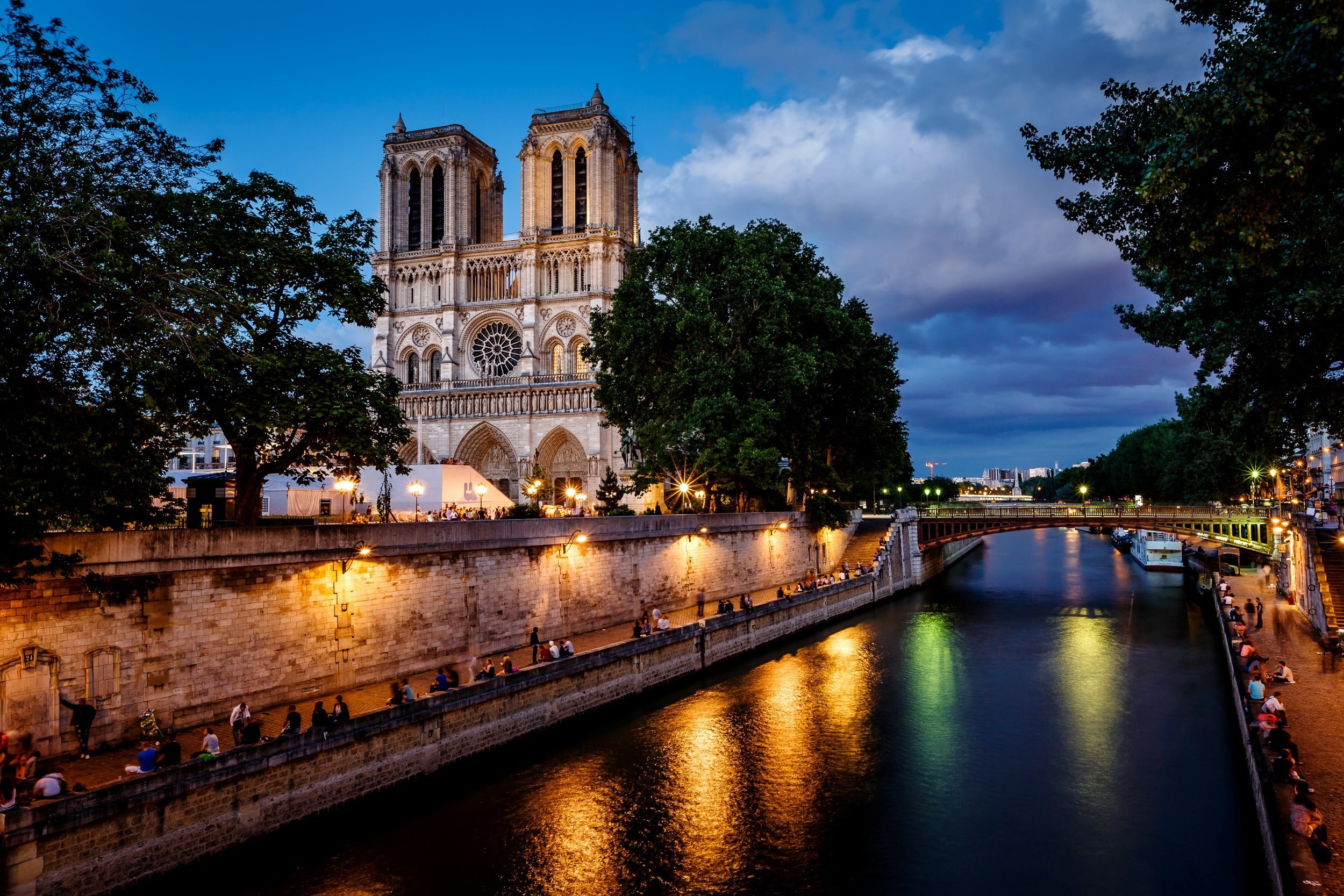 Gothic Cathedrals, bridge, dame, people, trees