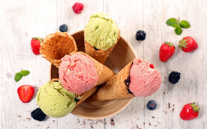 Ice Cream Color, still life, mint leaf  culinary, variation, strawberry ice cream Free HD Wallpaper