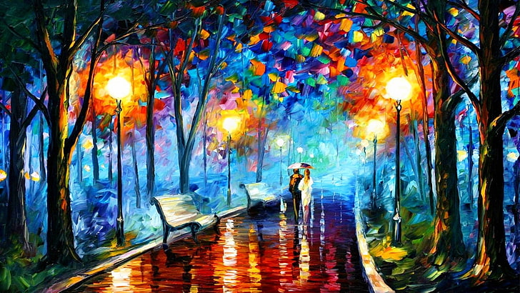 Leonid Afremov, dark, leisure activity, wood  material, vibrant color Free HD Wallpaper