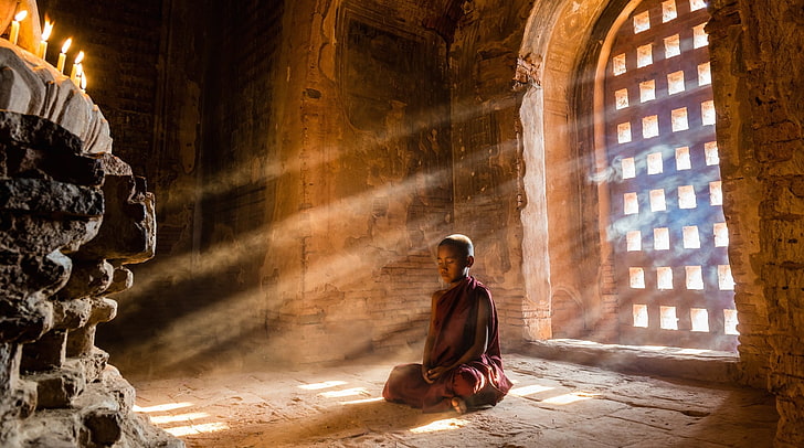 Meditating Monk Art, religion, building, little boy, adult Free HD Wallpaper