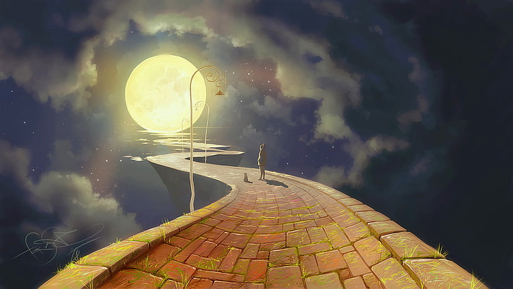 Moon Road, night, architecture, cat, cloud  sky Free HD Wallpaper