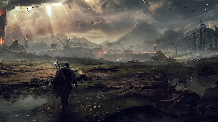 Mordor Middle Earth Shadow, middleearth shadow of mordor, sword, the lord of the rings, mountains Free HD Wallpaper