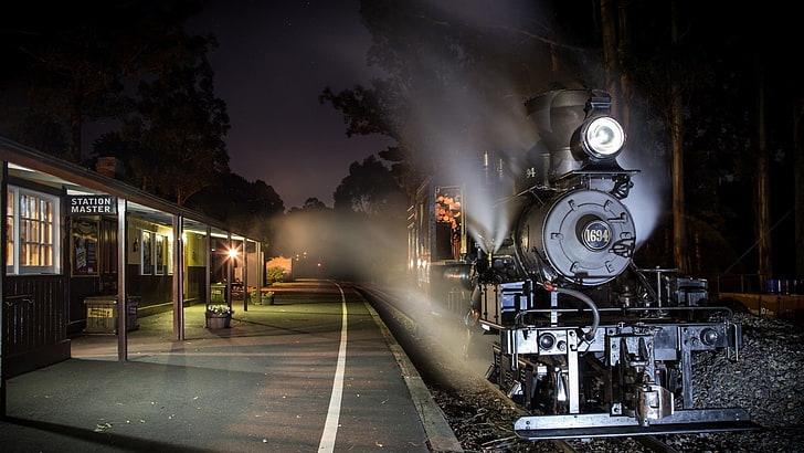 Passenger Train at Night, train  vehicle, railroad track, lights, city Free HD Wallpaper