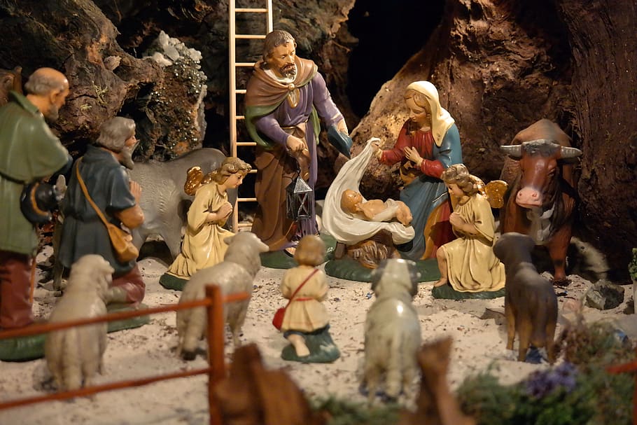 Sleeping Baby Jesus in Manger, joseph, female likeness, built structure, christmas time