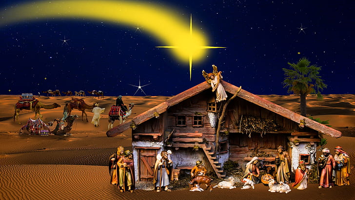 Starry Night Nativity Scene, manger, night, star, christianity Free HD Wallpaper