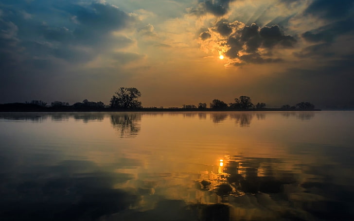 Sunset Water, tranquility, cloud  sky, trees, orange color Free HD Wallpaper