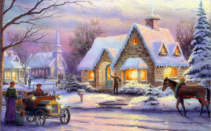 Thomas Kinkade Christmas Scenes, mode of transportation, greeting, ice, painting Free HD Wallpaper