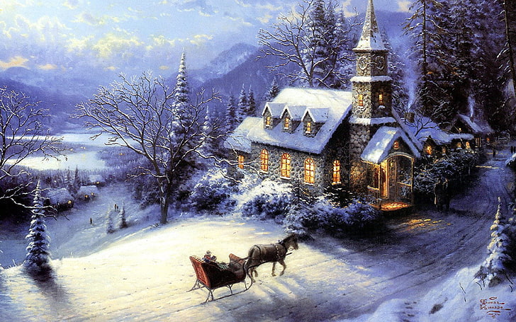 Thomas Kinkade Christmas Scenes, new, one animal, outdoors, cold temperature Free HD Wallpaper