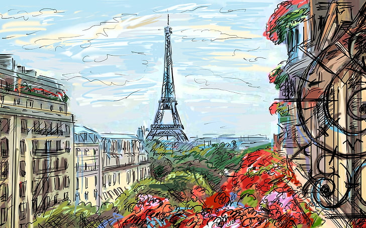 Thomas Kinkade Paris Eiffel Tower, vector, urban scene, drawing, eiffel tower Free HD Wallpaper