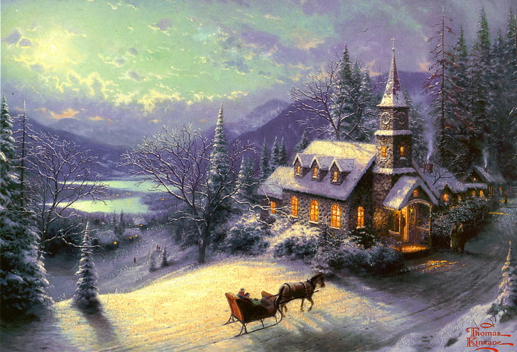 Thomas Kinkade Winter Puzzles, old, nonurban scene, figure, lake Free HD Wallpaper