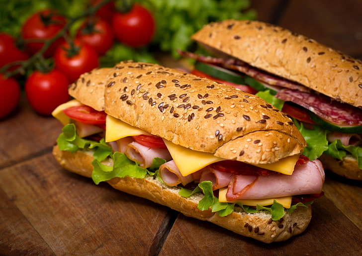 Types of Sandwich Meat, lettuce, fruit, wood  material, unhealthy eating Free HD Wallpaper