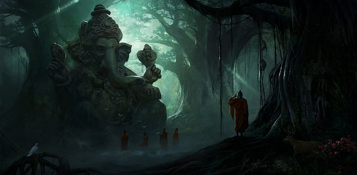 Viking Village Concept Art, sunlight, ganesha, flowers, deer