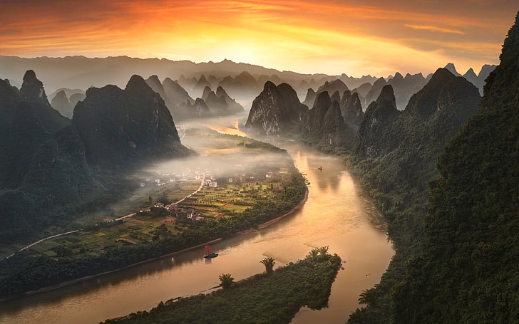 Yangshuo Guangxi, water, village, scenics  nature, tablet Free HD Wallpaper
