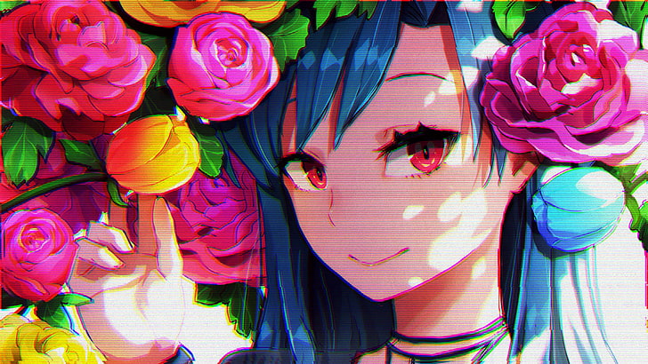 Anime Girl with White Hair Blue Eyes, pattern, blue hair, flower head, bouquet Free HD Wallpaper