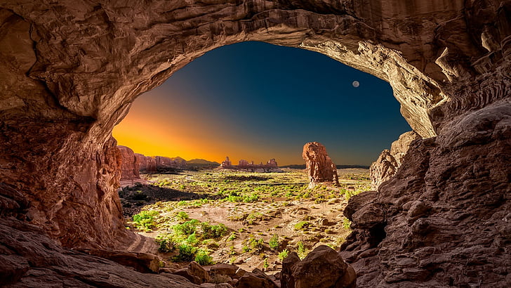 Arch National Park Utah, formation, night, geology, moon Free HD Wallpaper