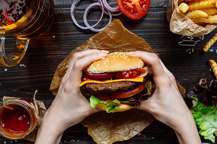 burger, fries, patty, bow Free HD Wallpaper