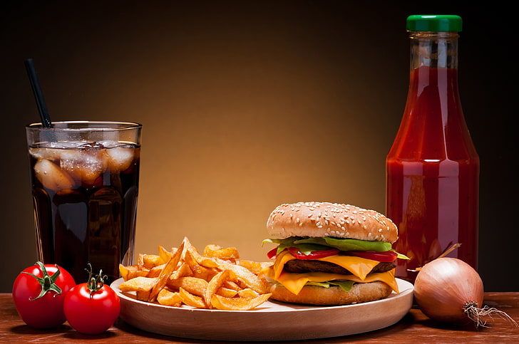 Burger/Fries Drink, lettuce, meal, grilled, closeup