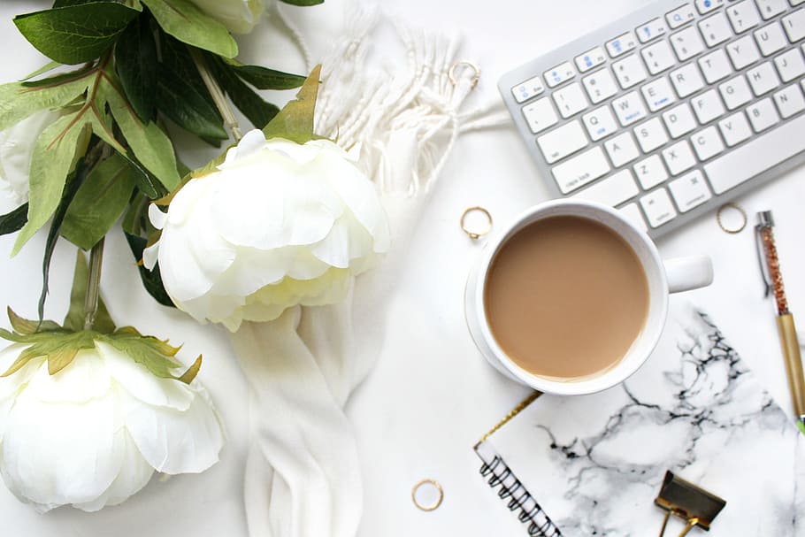 Coffee and Flowers, tea cup, no people, white, keyboard Free HD Wallpaper