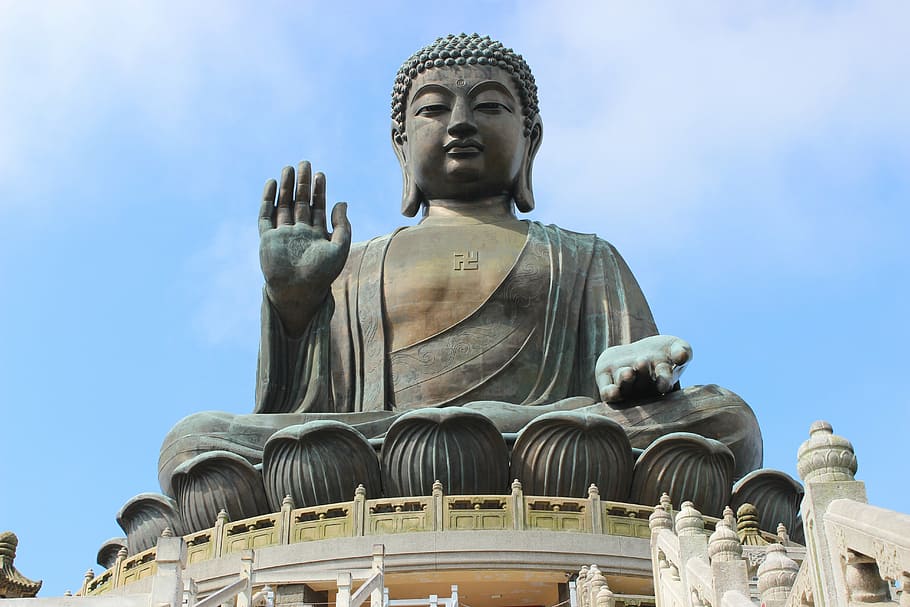 Lantau Buddha, built structure, famous place, low angle view, male likeness Free HD Wallpaper