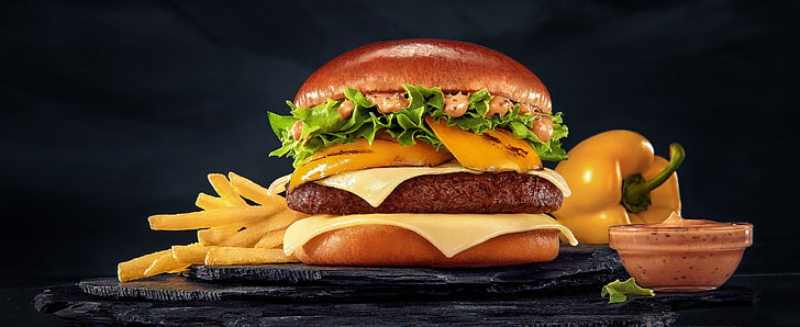 McDonald Fries Oreo, burger, studio shot, cheese, bun Free HD Wallpaper
