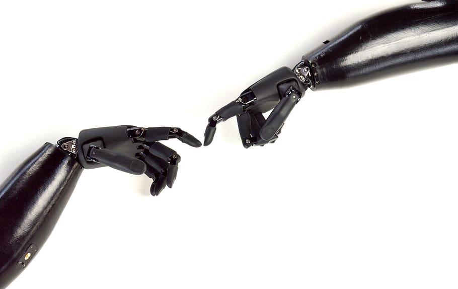 Metal Prosthetic Hand, closeup, connection, robot, intelligence Free HD Wallpaper