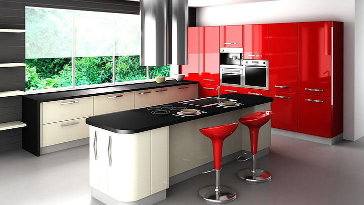 Modern Red Kitchen Cabinets, home, furniture, window, household equipment Free HD Wallpaper