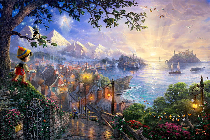 Painter of Light Thomas Kinkade, nature, lanterns, water, tropical climate Free HD Wallpaper