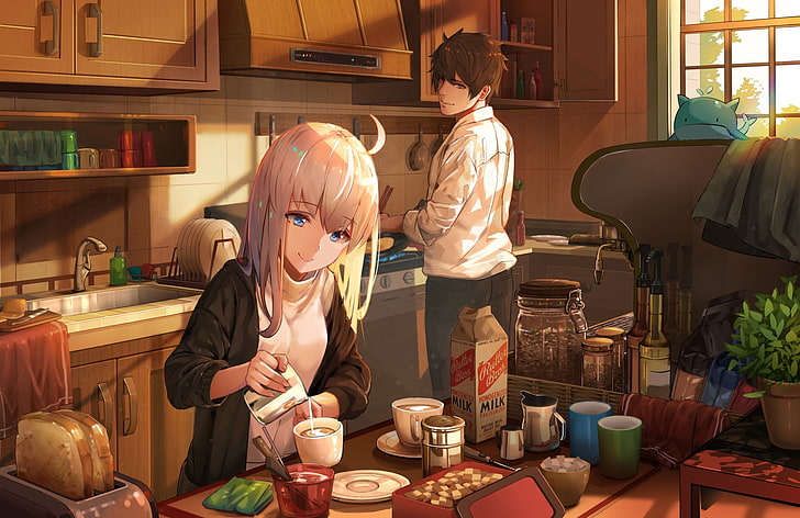 Phone Cute Anime Couple, positive emotion, table, home, two people