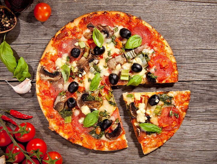 Pizza Slice Calories, pizza, salami, cheese, tomatoes Free HD Wallpaper