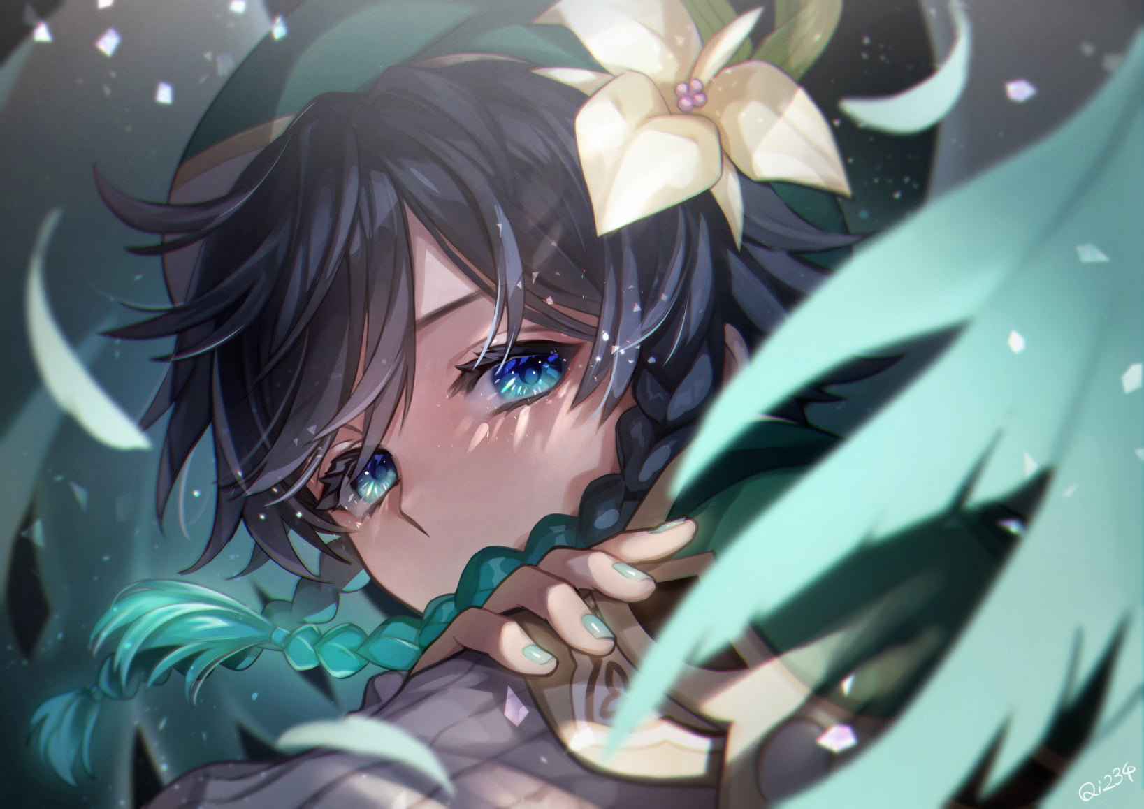 Rwby X Genshin Impact, blue eyes, green nails, looking at viewer, petals