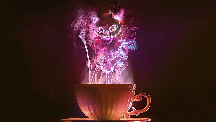Scary Cheshire Cat, mug, food and drink, copy space, motion Free HD Wallpaper