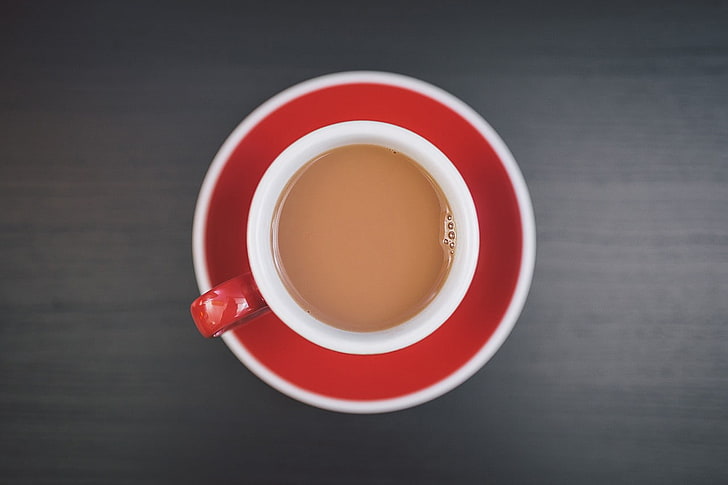 Tea Mug Cup, saucer, black background, table, red Free HD Wallpaper