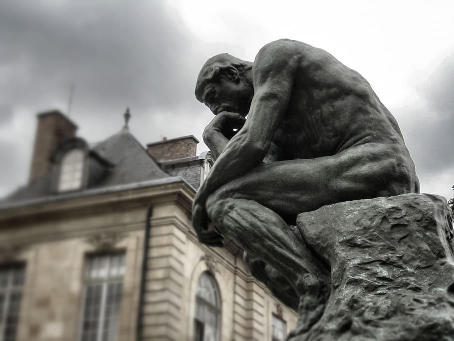 Thinker Statue, black and white, museum, memorial, france Free HD Wallpaper